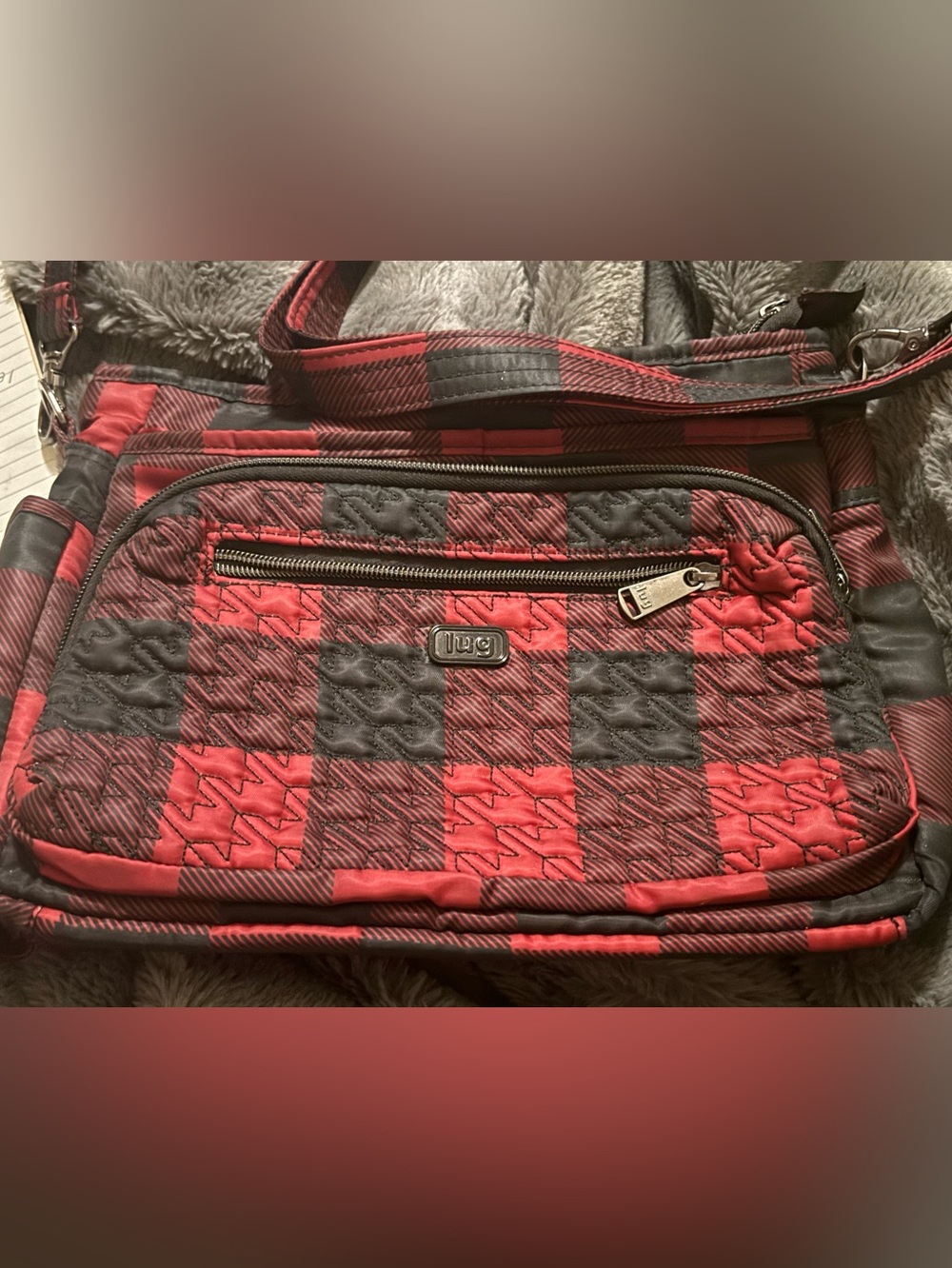 lug Shimmy Quilted Red and Black Plaid Tote with Front Zip